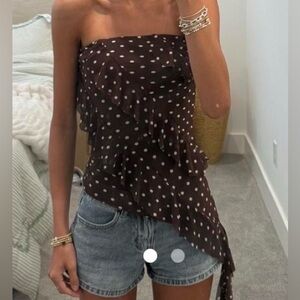 Chic Strapless Brown Polka Dot Ruffle Blouse